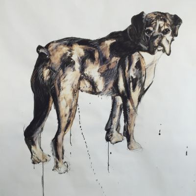 Izzy Soanes A3 - Ruby the dog - Ink and bleach.